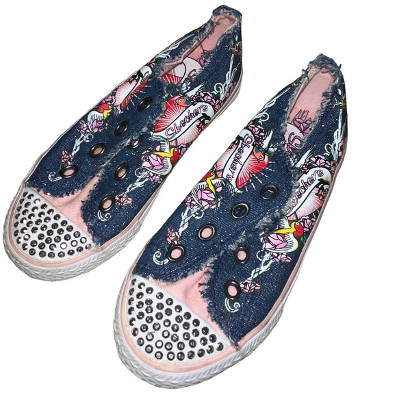 Skechers Girls Sneaker Size 12 Denim Stud Embellishment Missing Laces - Picture 1 of 6